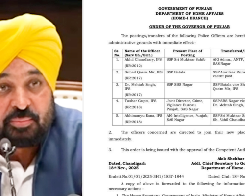 ਪੰਜਾਬ ਦੇ 5 IPS ਅਧਿਕਾਰੀਆਂ ਦਾ ਤਬਾਦਲਾ ਹੋਇਆ